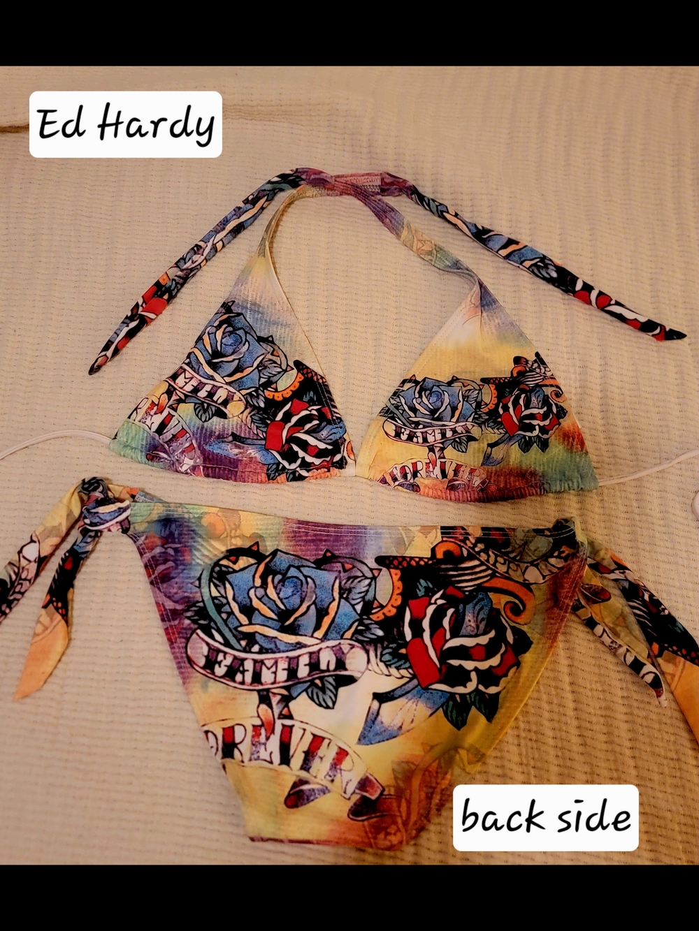 Ed Hardy Tattoo-Print "Family Forever"  Halter Bikini in Blue, Red, Yellow